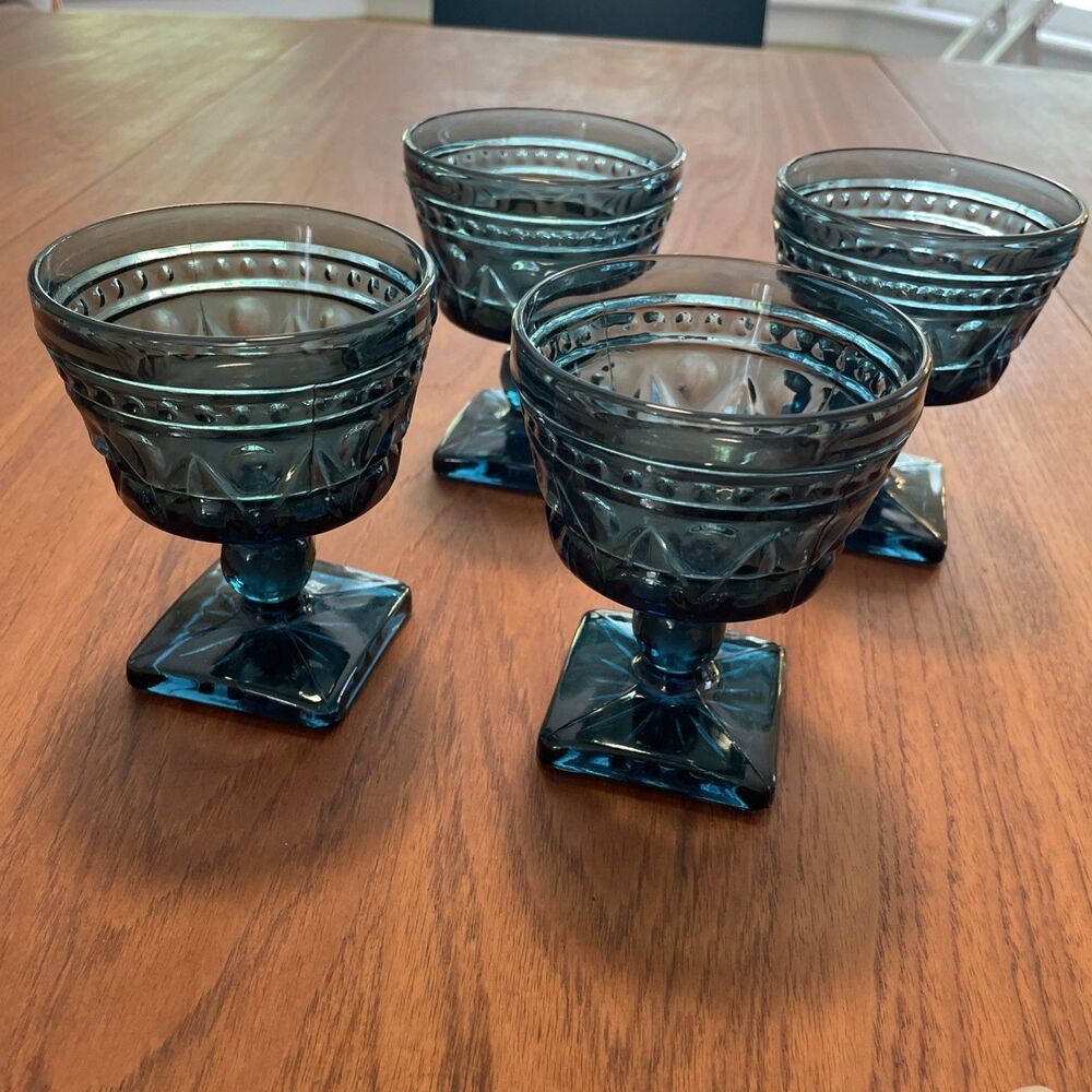 4 Vintage Indiana Glass Colony Park Lane Blue Cobalt Dessert Glasses Sherbet Cup